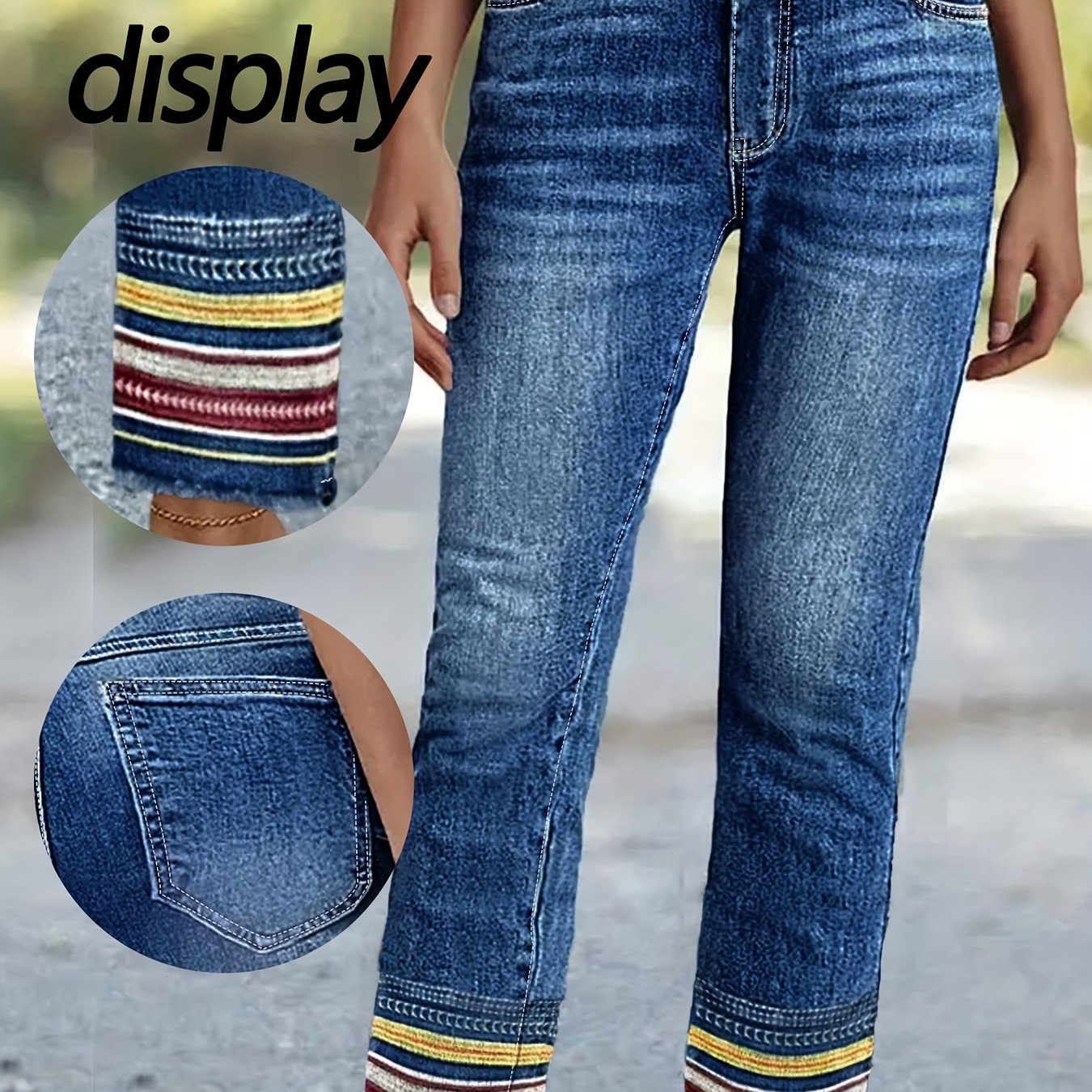 Image of Plus Size Wide-leg High-waisted Stretch Denim Jeans - Washed Vintage Fringe Hem & Multicolor Striped Cuff Pants, Beltless Button Closure, Casual & Formal Wear (machine Washable) - Blue Jeans For Tall
