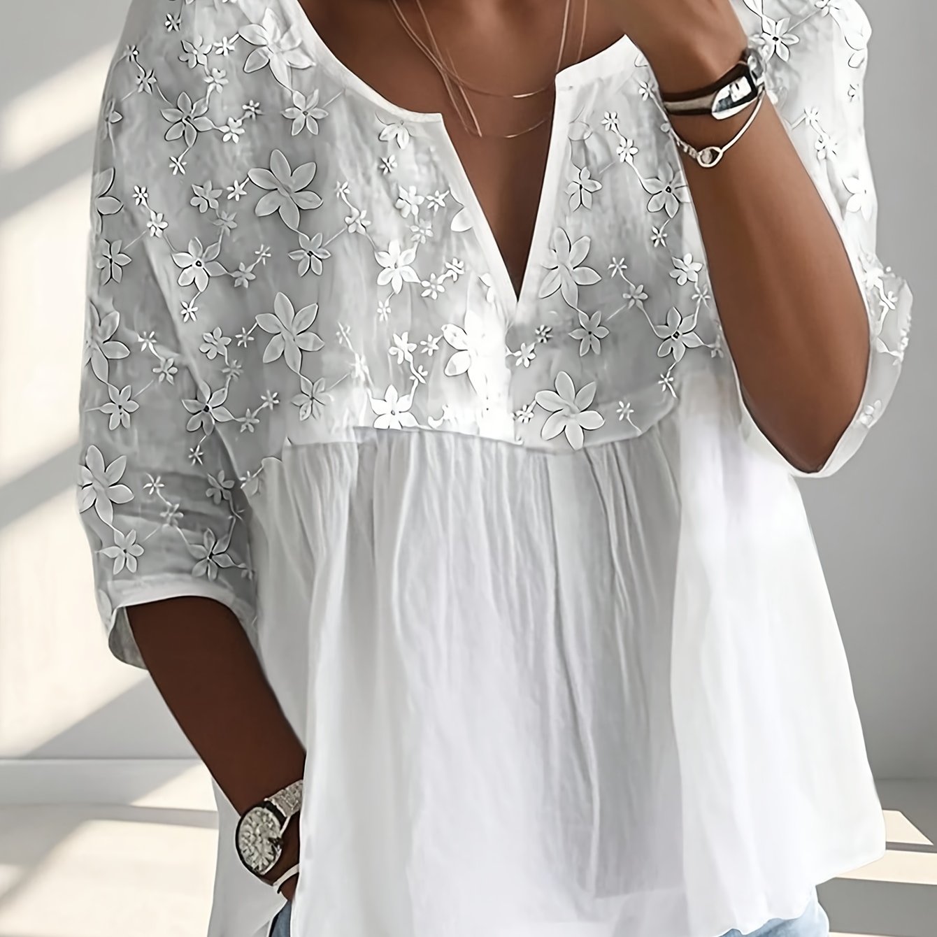 Plus Size - Plus Size - Plus Size Women's Clothing Women' Shirt Summer Embroidered Medium Sleeve Women's Blouse Top