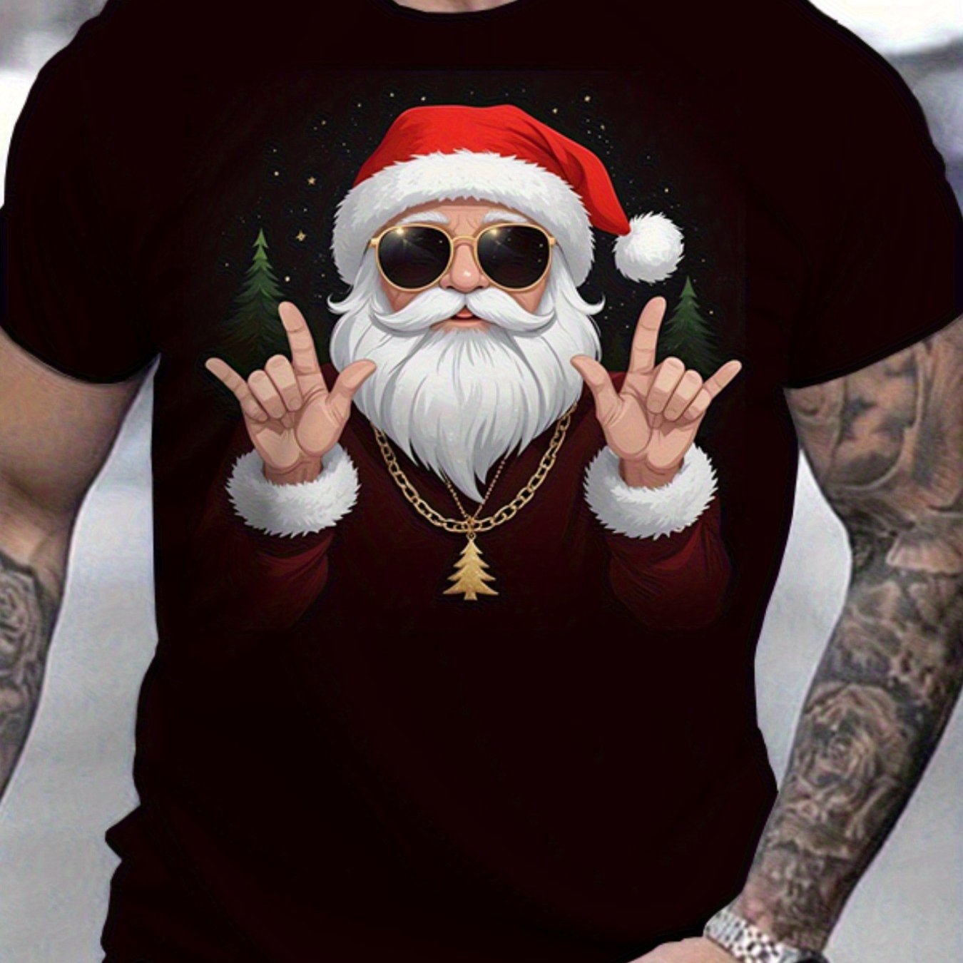 TEMU Men's Santa Claus Graphic T-shirt With Fashion Glasses & Peace Sign - Crew Neck Short Sleeve Tee - Machine Washable Casual Shirt For Christmas