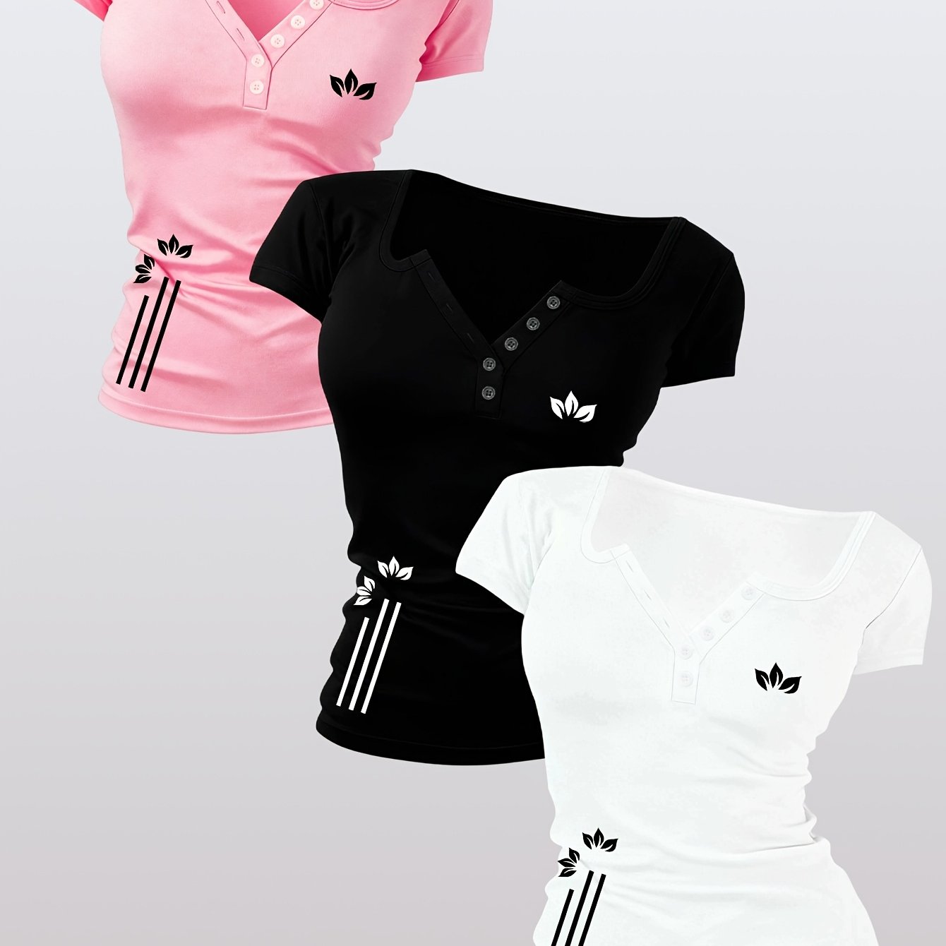 TEMU 3pcs , Slim Fit, Artistic Pattern Women's Hot Outfit Clothing Button Hot Sexy Design Non-v-neck Women's T-shirt, Suitable For Spring, Summer