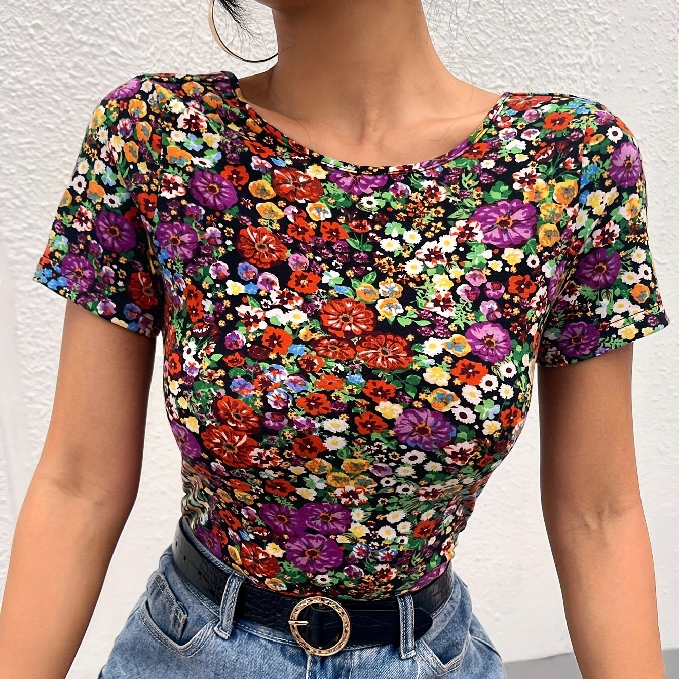 (yy0313248) Summer New Floral Print Back Bow Halter Short Sleeve T-shirt