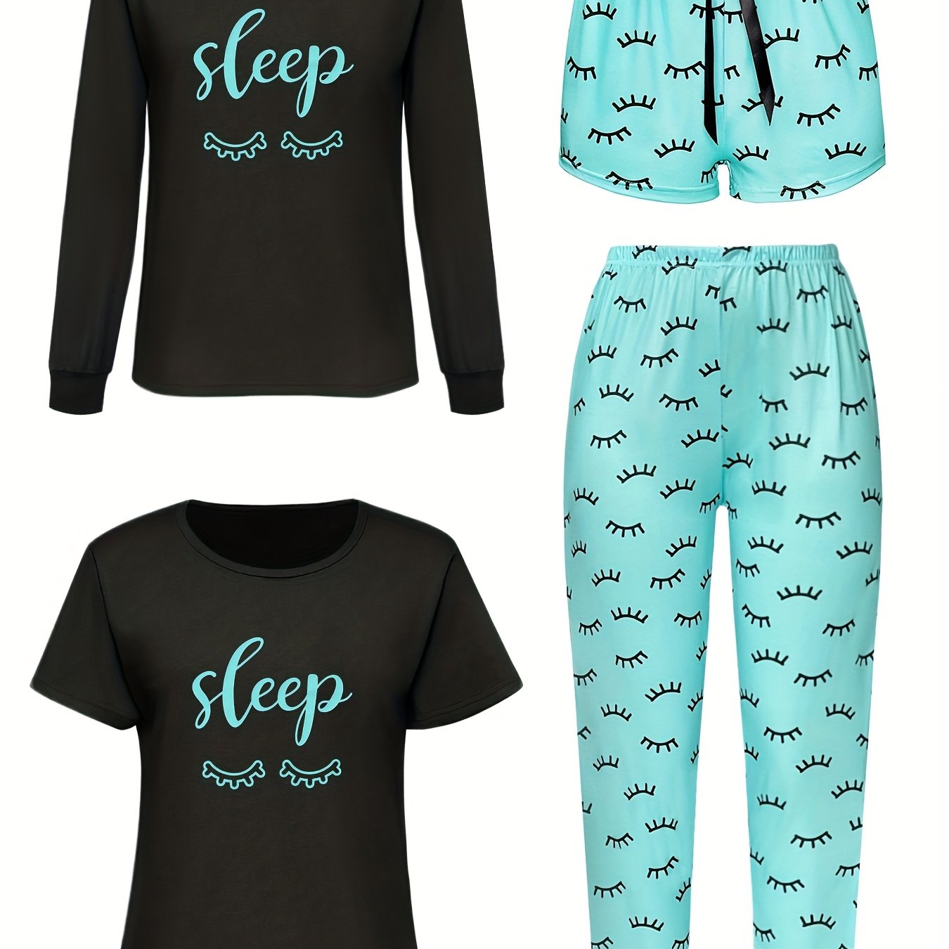 E-shop 4-teiliges Set für Frühling Sommer Herbst Winter Damen Pyjama Cartoon Niedlich Wimpernband Schlafdruck Langarm Kurzarm Shorts Mehrteiliges Set