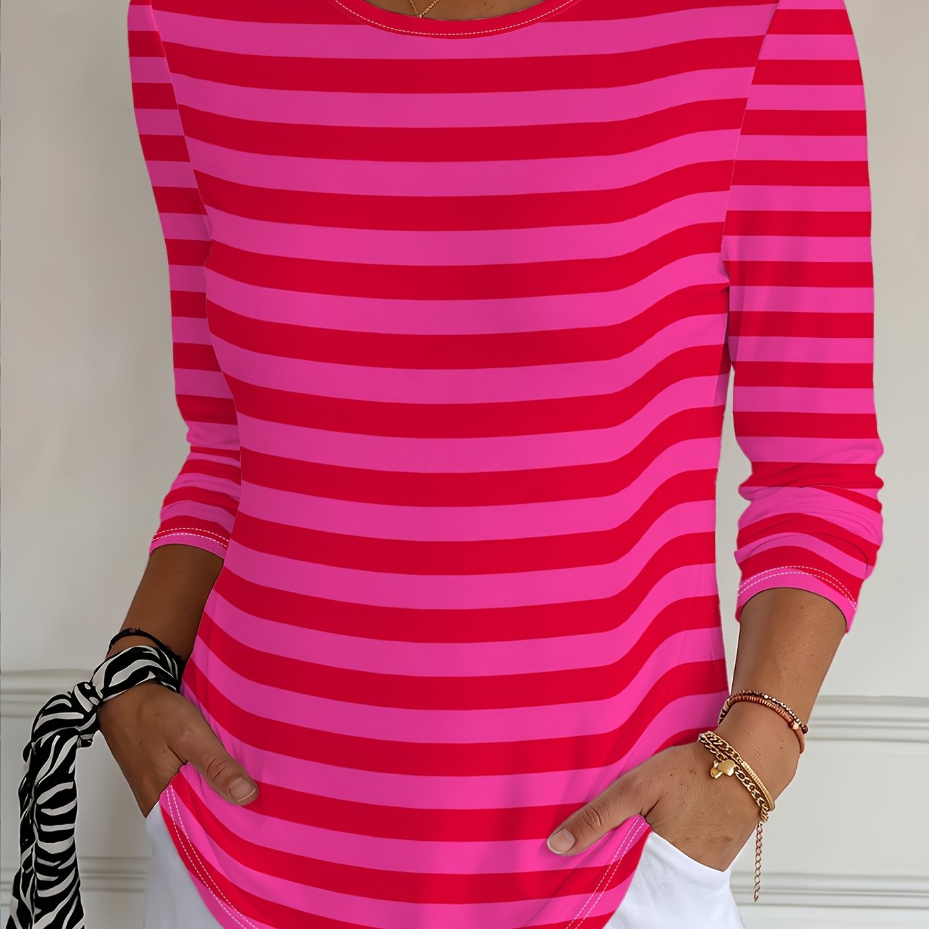 TEMU Women's Round Neck Long Sleeve T-shirt, Horizontal Stripe Pattern, Soft And Comfortable Fabric, Full Print Design Machine Washable, Elegant