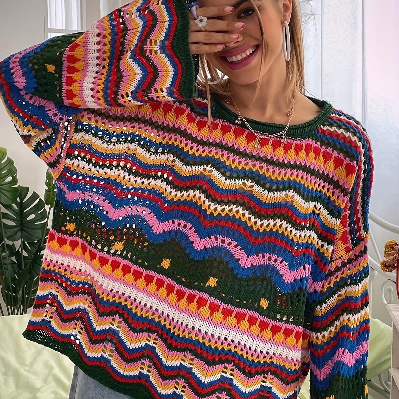/autumn/winter Casual Striped And Color Block Long-sleeve Sweater For Women With A Cut-out Design