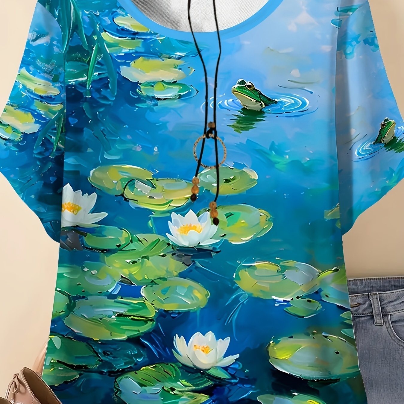 Plus Size, Plus Size Casual Vacation Comfortable Elegant Style Oil Painting Painting Pond For Lotus Leaf And Frog Elements 3d Printed Pattern Women's Round Neck Short Sleeve T-shirt