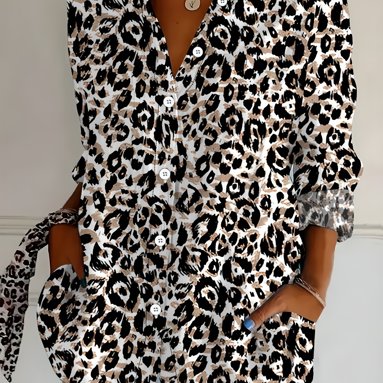 TEMU Plus Size Women's Long Sleeve Shirt, Leopard Print Loose Casual Blouse With Animal Pattern Elements, Mid-length Women's Long Sleeve Collared