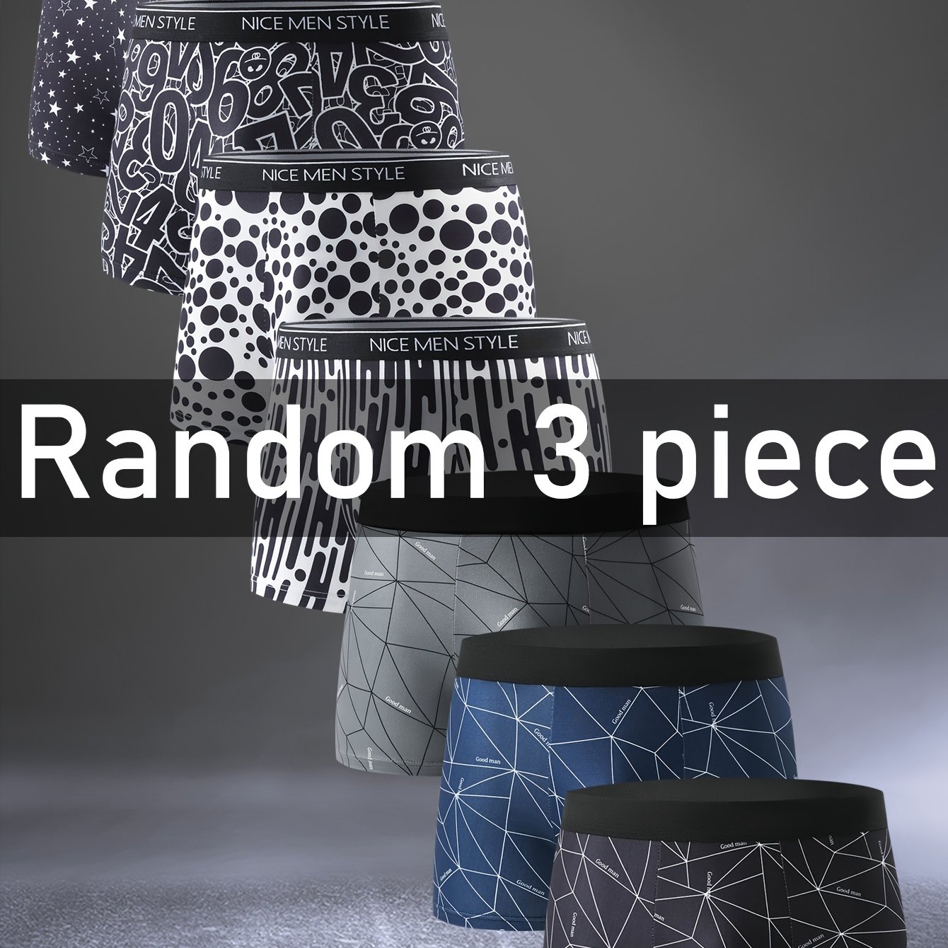 TEMU Random 3pcs Men's Fashion Boxer Briefs [981-3] - Polyester And Spandex Blend, Quirky Prints, Solid Color With Embroidered Waistband, Breathable
