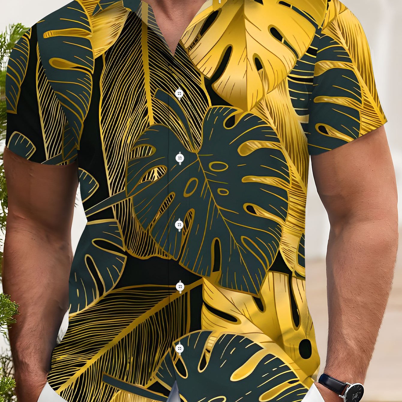 TEMU Men's Tropical Leaf Print Short Sleeve Shirt - Black & Regular Fit Button-up, Breathable Fabric For Beach & Casual Wear, Versatile Men's Fashion