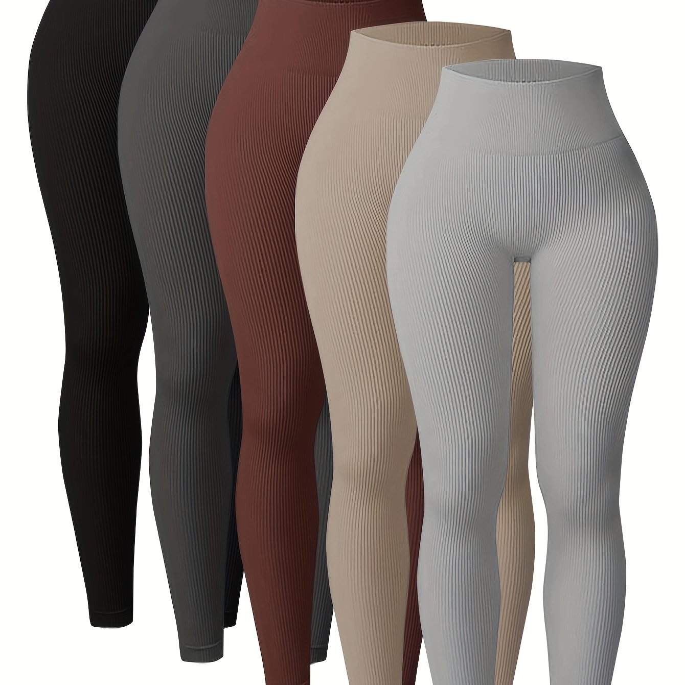5pcs Multi-piece Thickened Autumn Women' High-waist Sports Cycling Fashion Leisure Solid Rib Thickened Leggings Sweatpants Yoga Leggings, Women's Activewear