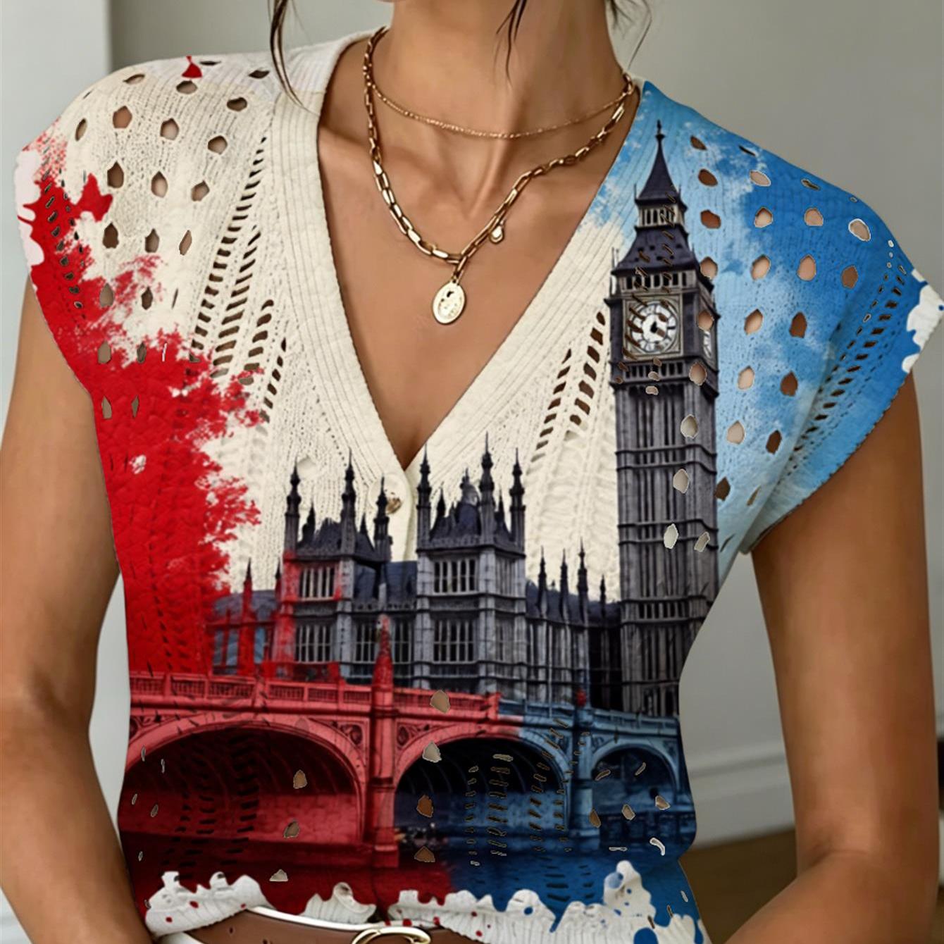 Women's Summer Crochet Cardigan With London Graphic Print, V-neck Short Sleeve Button-up Openwork Top For Beach Vacation And Casual Wear