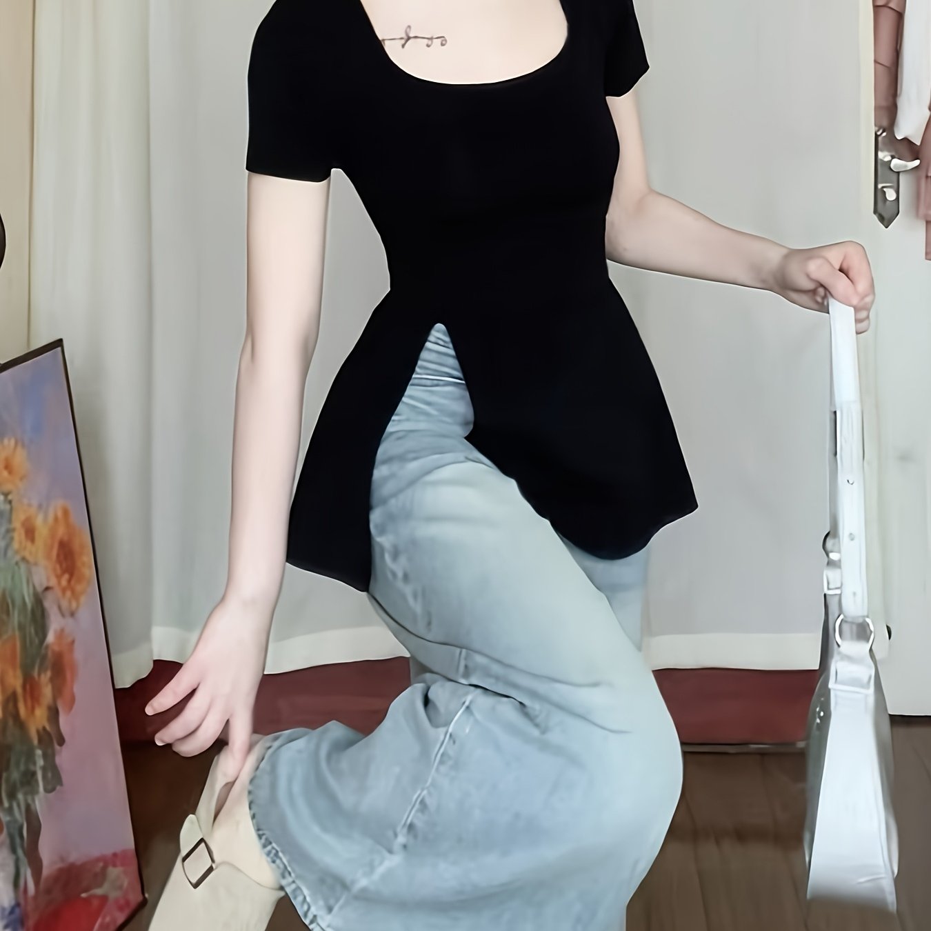 TEMU 여성용 스퀘어넥 신상 디자인 슬림핏 니치 스플릿 티셔츠