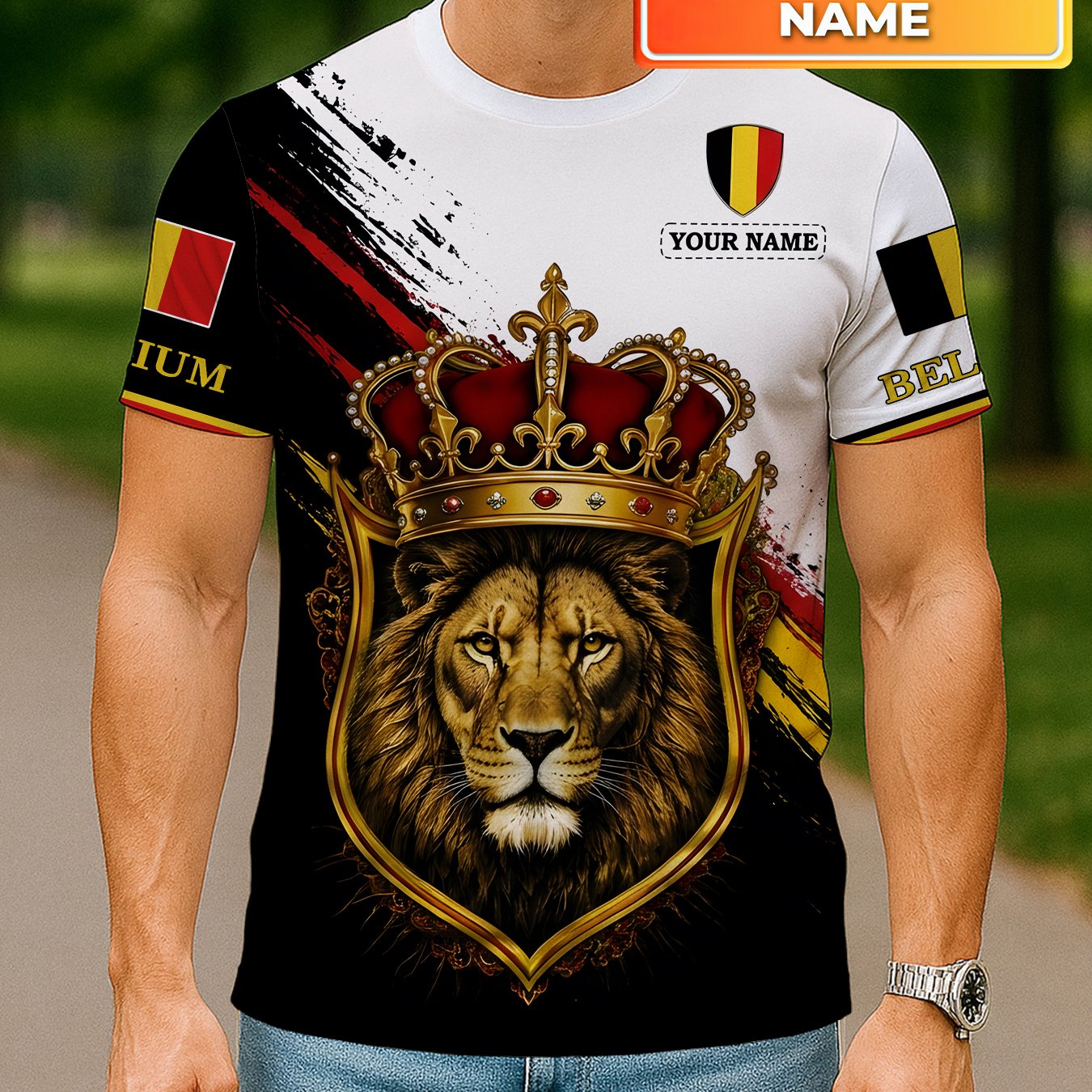 TEMU Customizable Name Belgium Element Crown Lion Print Short-sleeve Top Fashion Casual Men's Crew Neck T-shirt Daily Streetwear Trendy Clothing For
