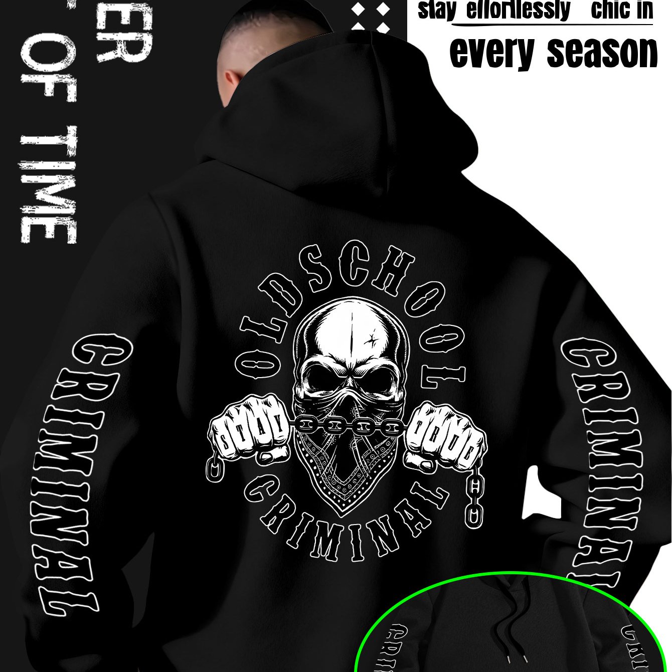 TEMU Men's Oldschool Streetwear Hoodie With Skull & Text Design - Thick Sweatshirt Suitable For Autumn Winter, Machine Washable Hooded Pullover With