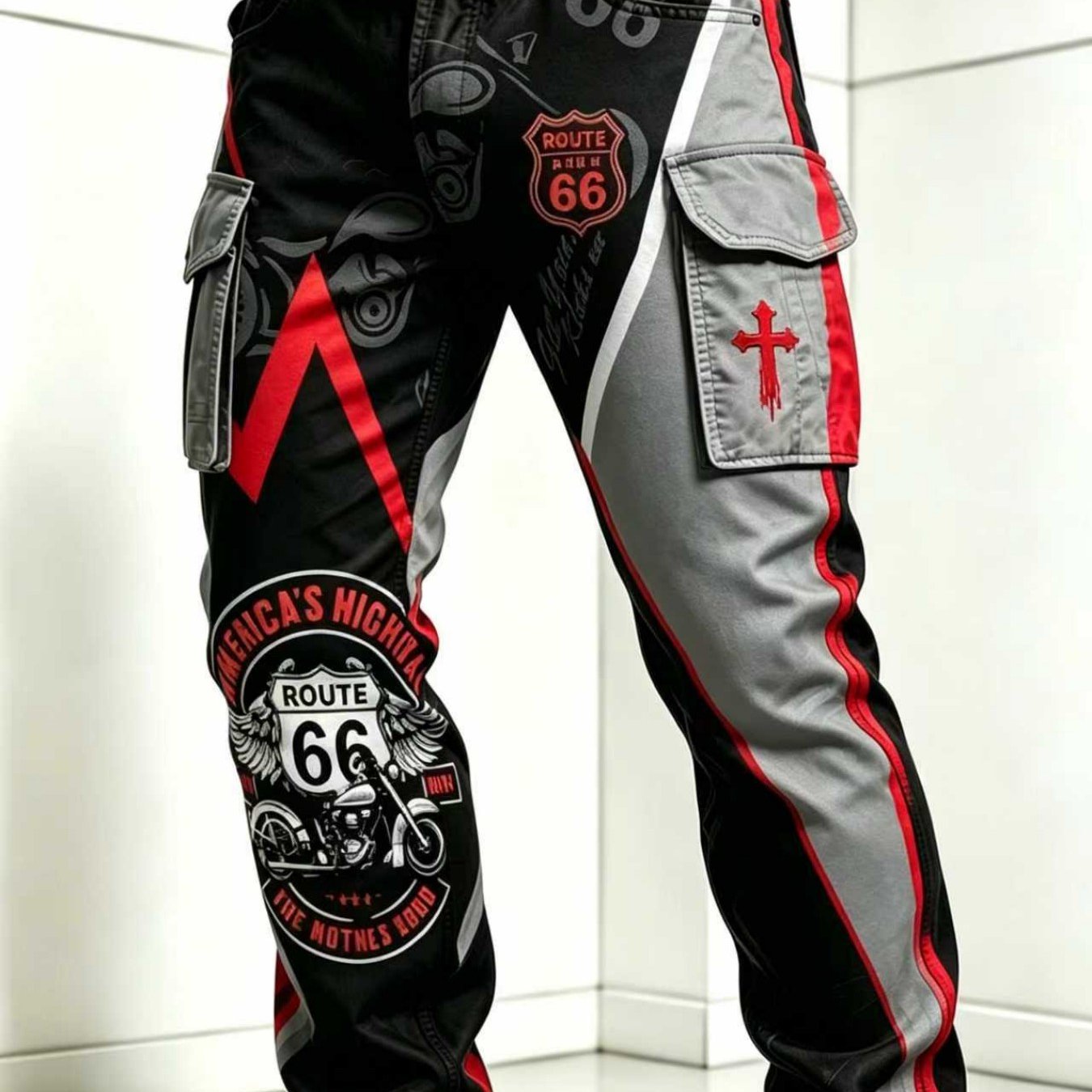 Trendy Printed Cargo Pants With Multi-pockets, Street Fashion Style, Motorcycle Style Trousers For Outdoor Activities And Daily Casual Wear