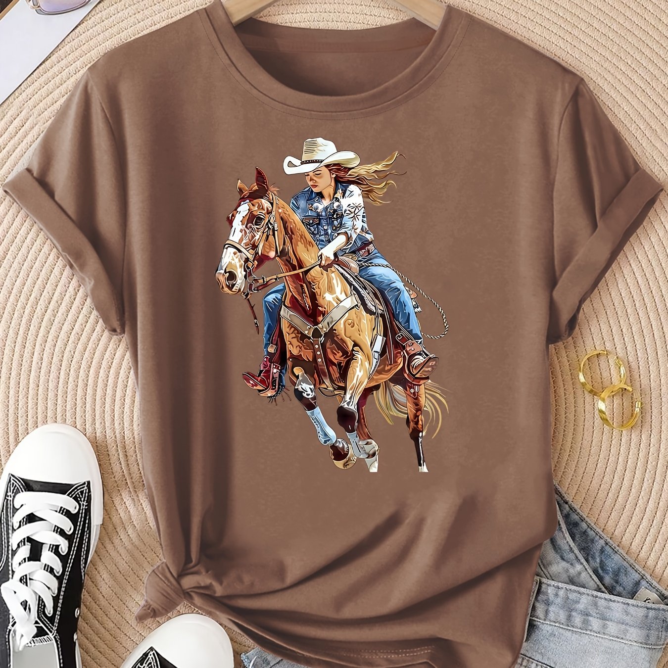 TEMU Women's Elegant Short-sleeve Western Cowgirl Riding Horse Print Crew Neck T-shirt, Comfortable, Soft, And Breathable, New Style, Fashionable And