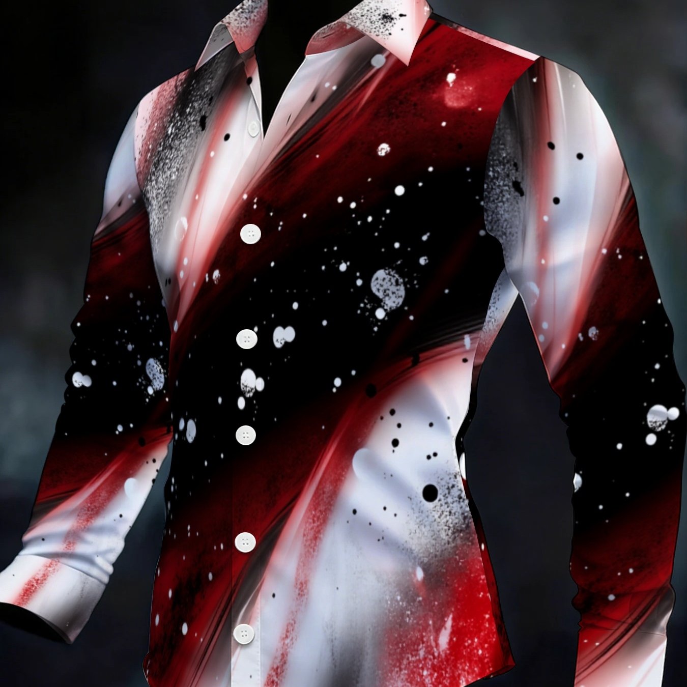 TEMU Men's Red Black White Fluid Splash Ink Lapel Long Sleeve Button Up Shirt, Gradient Art Full Print Street Casual Shirt