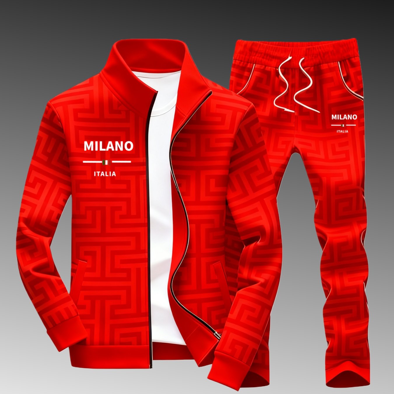 Image of 2pcs Set: Men's Casual Sports Jacket And Trousers, 3d Greek Key Pattern Print, Stylish Unisex Set, Perfect For Valentine's Day, Thanksgiving, Christmas, Father's Day, And As A Gift