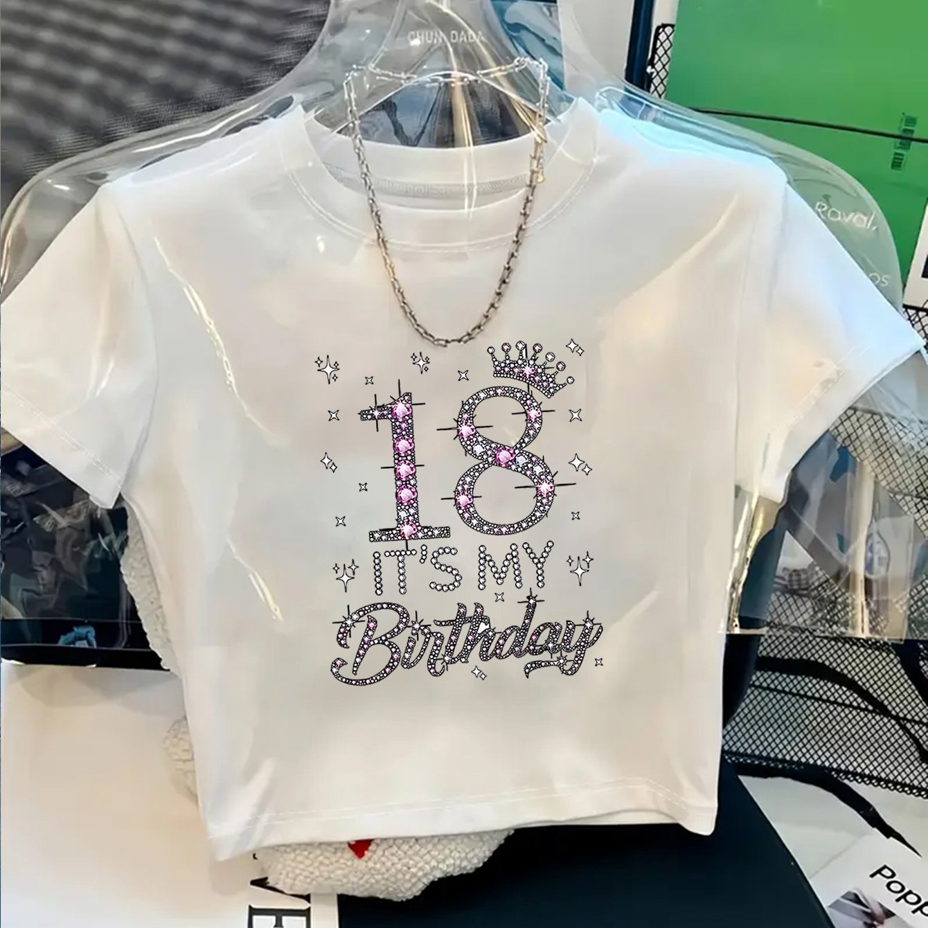 TEMU 1pc Women's Y2k Style 18th Birthday Party Sparkling Rhinestone Crown "' Birthday" Lettering Celebration Style 2d Printed Pattern Short Sleeve