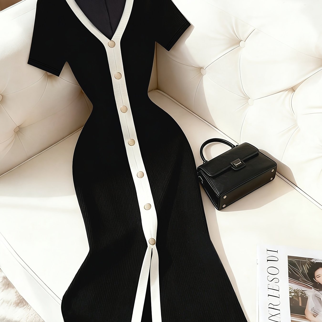 TEMU Ribbed Dress, Single-breasted Slim-fit Hip-hugging Dress, Black And White Contrast Color Elegant Dress, Short-sleeve Waist-cinching Dress,