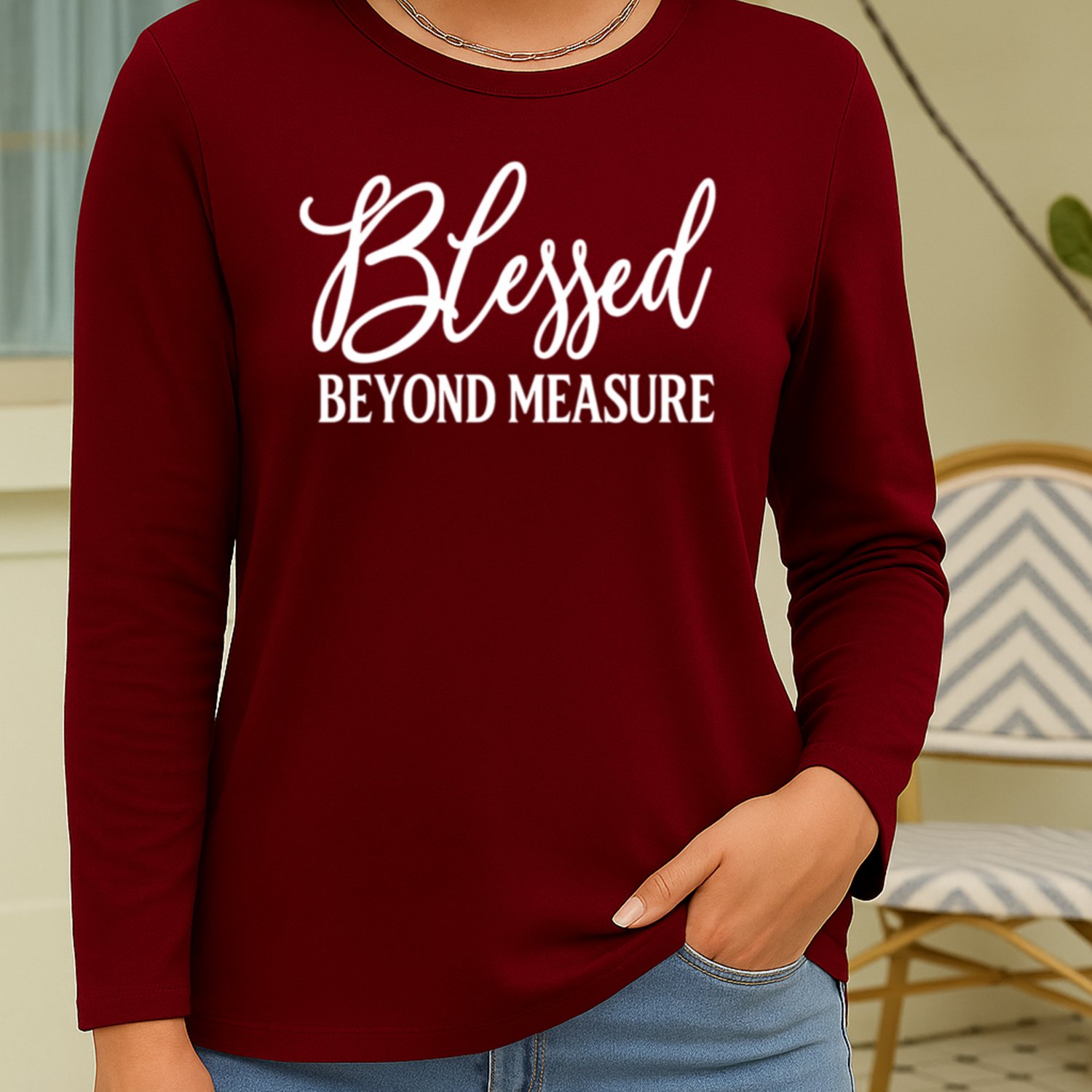 TEMU Women's Long-sleeved Top With Inspirational Quotes And Elegant Fonts - Machine Washable, Breathable, Soft, Medium-stretch Fabric, Women's