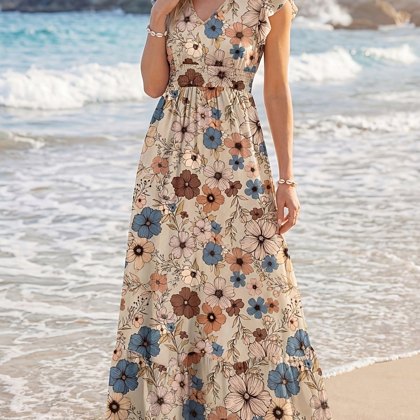 TEMU Vintage Floral Print Pleated A-line Maxi Dress With Hooded Sleeves And Hem, Casual Vacation Elegant Dress For Spring And Summer