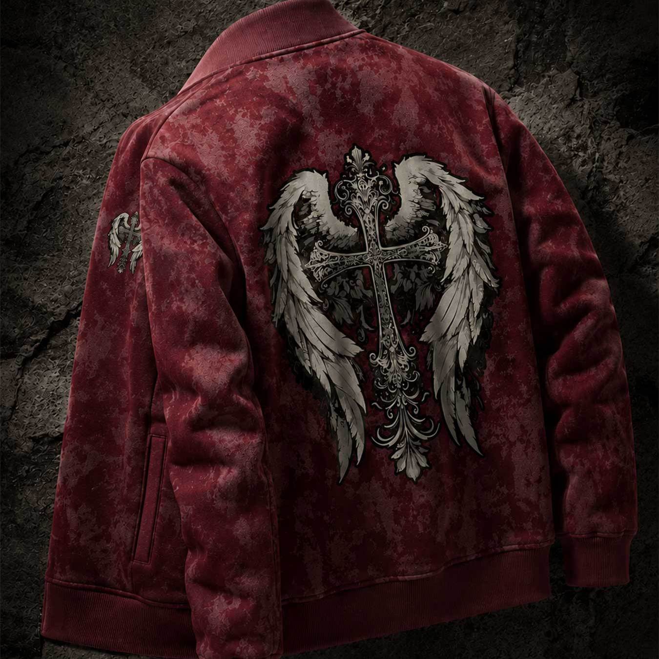 Men's Stand Up Collar Zipper Sports Jacket Gothic Cross Wings Sport