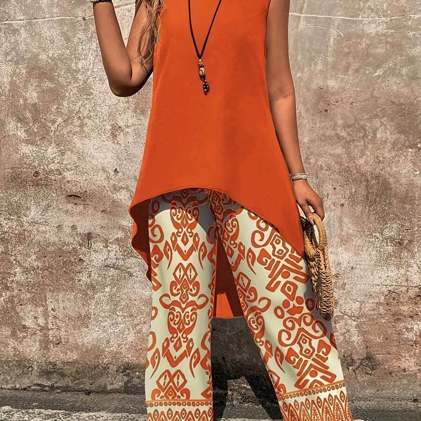 TEMU Women's Fashionable Elegant Printed Two-piece Set, , Round Neck Detail Printed Long Pants Suit