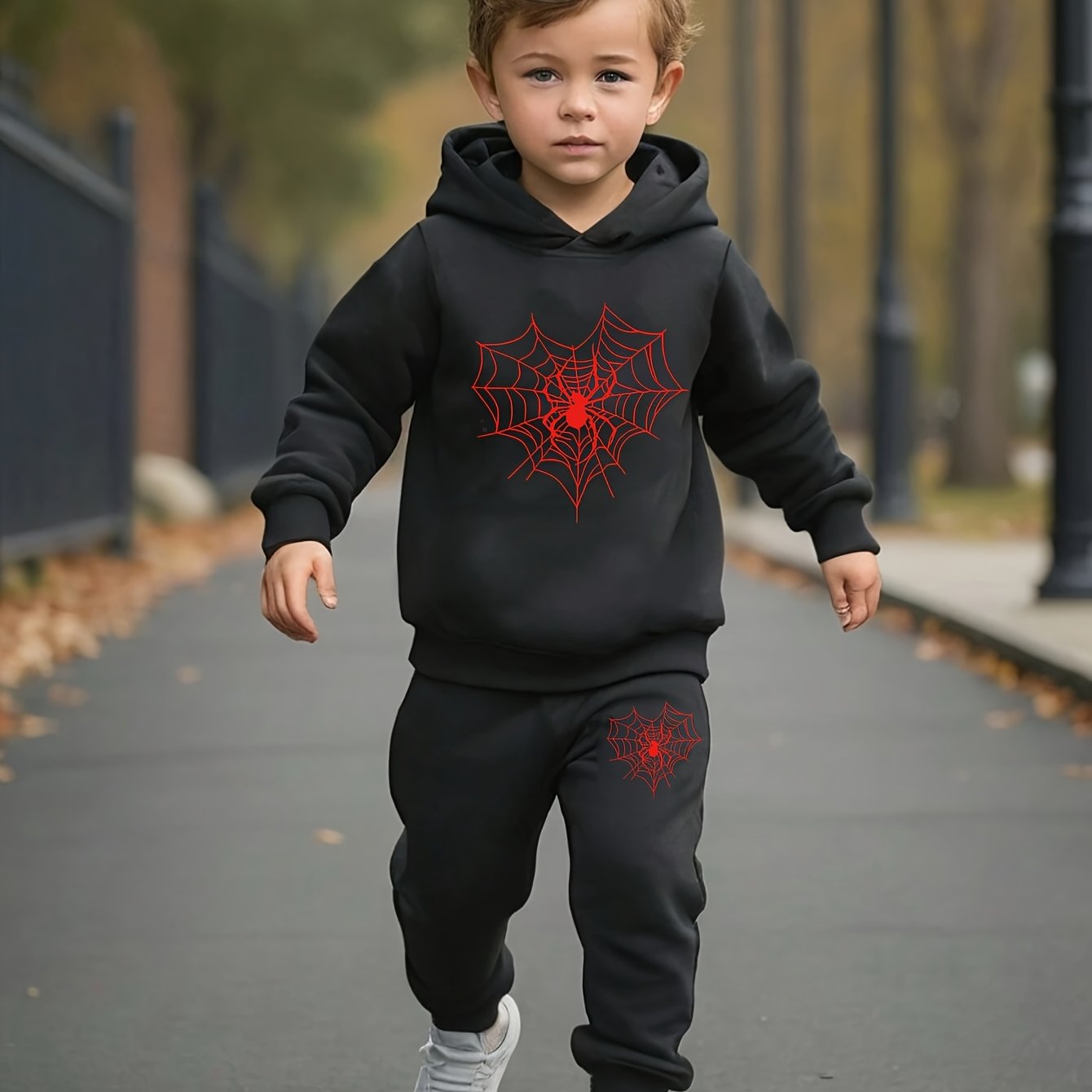 Image of [customer ] Boys 2pcs Spider Pattern Print Long Sleeve Hoodie And Pants Athletic Set, Comfortable, Cool, Perfect For Fall Winter, Best Gift, For Outdoor