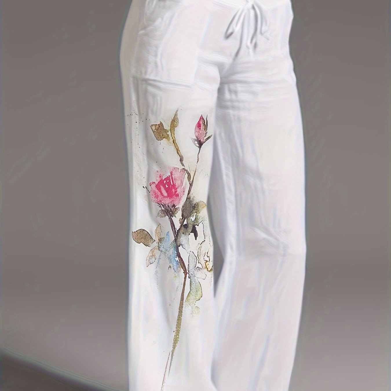 E-shop Weiße Aquarell-Rosen-Druck Weitbeinige Freizeithosen für Damen, Leichte Lockere Hosen für Frühling/Sommer, Vielseitige Pendler- Urlaubshosen