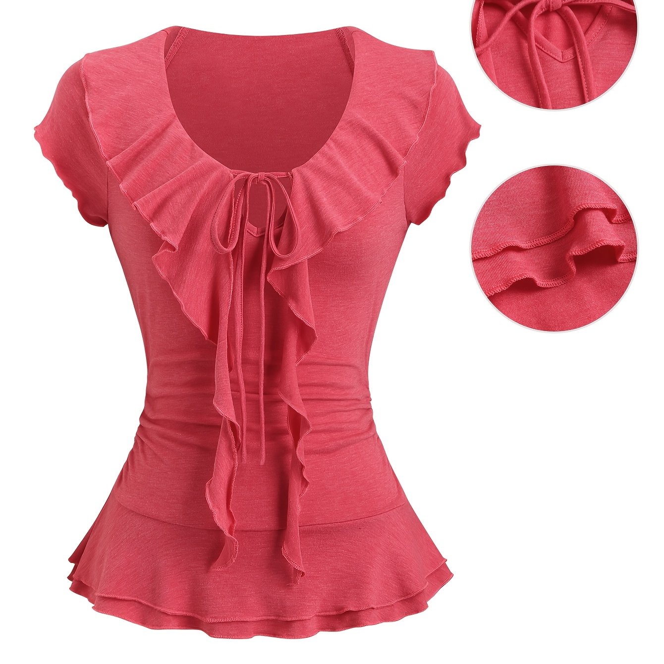 E-shop Damen Frühjahr/Sommer Uni-Farben Kurzarm Rundhals -Romantik Rüschen-Design Weich Leicht Slim Fit Casual Süßes T-Shirt
