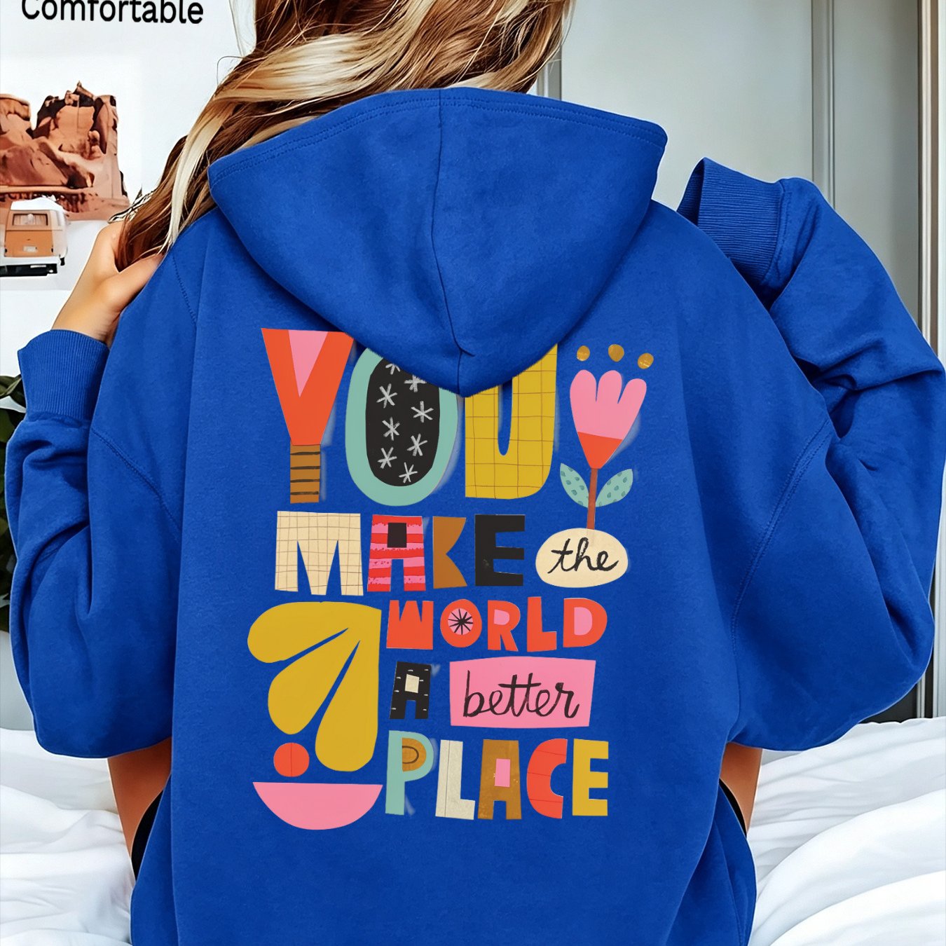 Image of Autumn Women's Fashionable Loose Drop-shoulder Hoodie With Colorful Letter And Flower Prints, Casual Streetwear For Ladies, Fall Pullover Jacket With Pockets And Drawstring