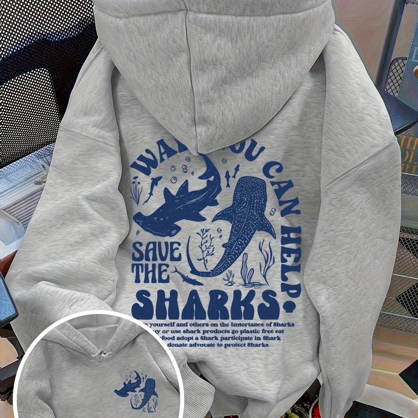 E-shop Sweatshirt mit Hai-Aufdruck, Kapuzenpullover mit Grafikdruck „Meereslebewesen schützen“, lässiger Kapuzenpullover mit Kordelzug Tasche, geeignet