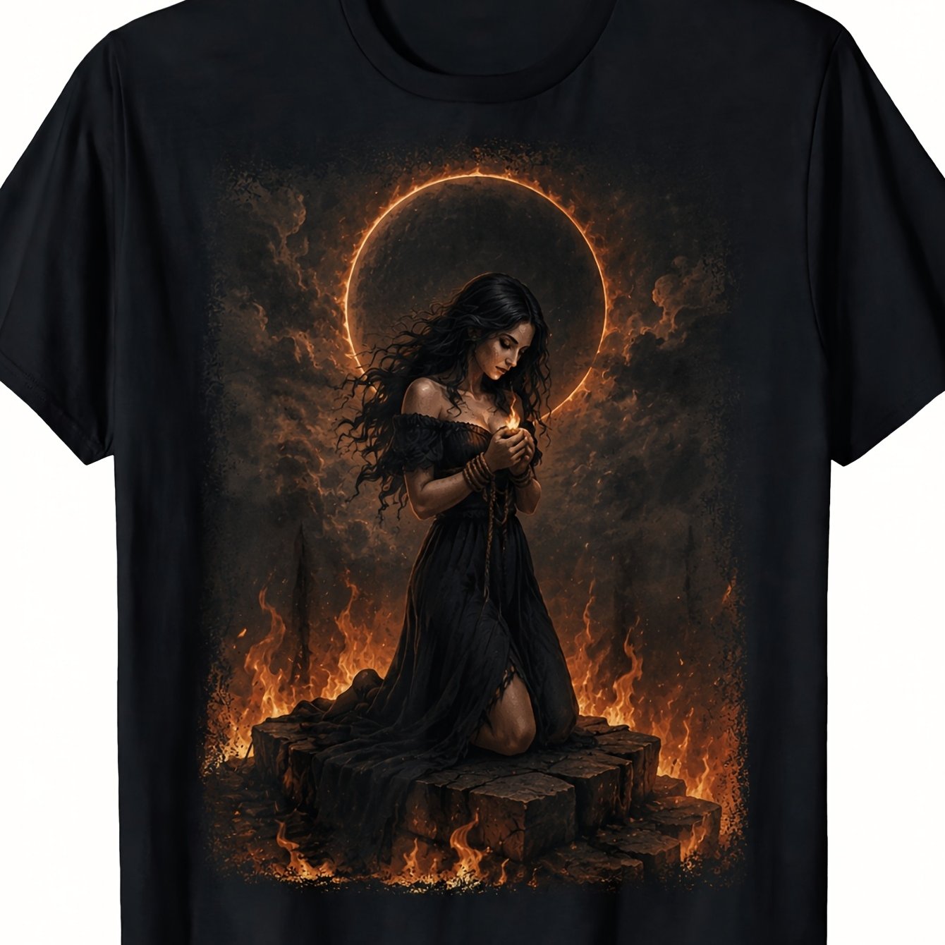 Image of Men's Graphic T-shirt, Gothic Woman With Ring Of Fire Print Short Sleeve Crew Neck T-shirt For Casual Streetwear And Dark Themed Outfits, Plus Size