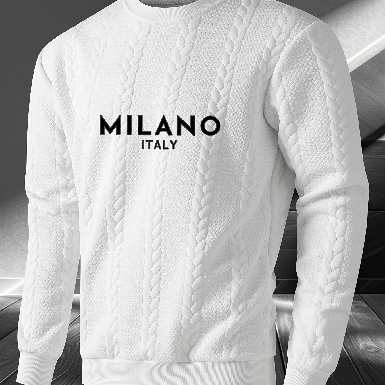 TEMU Italy Novelty Cable Knit Crew Neck Sweatshirt With Graphic Print