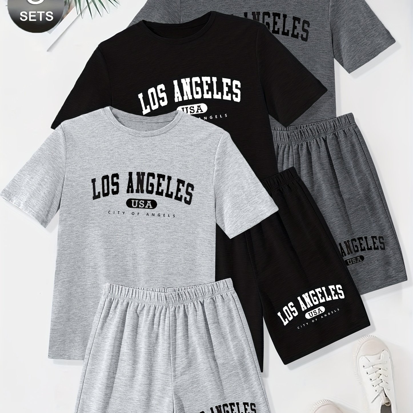 Men's Casual Letter Print Round Neck Short Sleeve Shorts 3pcs Set