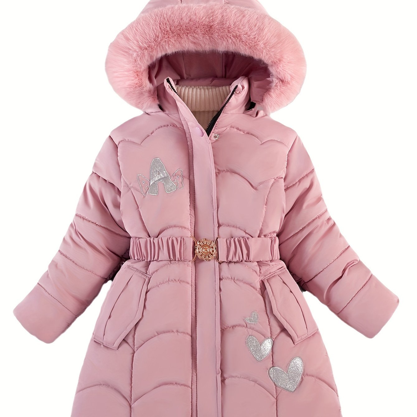 Girls' Padded Coat, New Winter Heart Appliqué, For Middle And Older Kids, Thickened And -lined, Mid-length With Waist Cinching