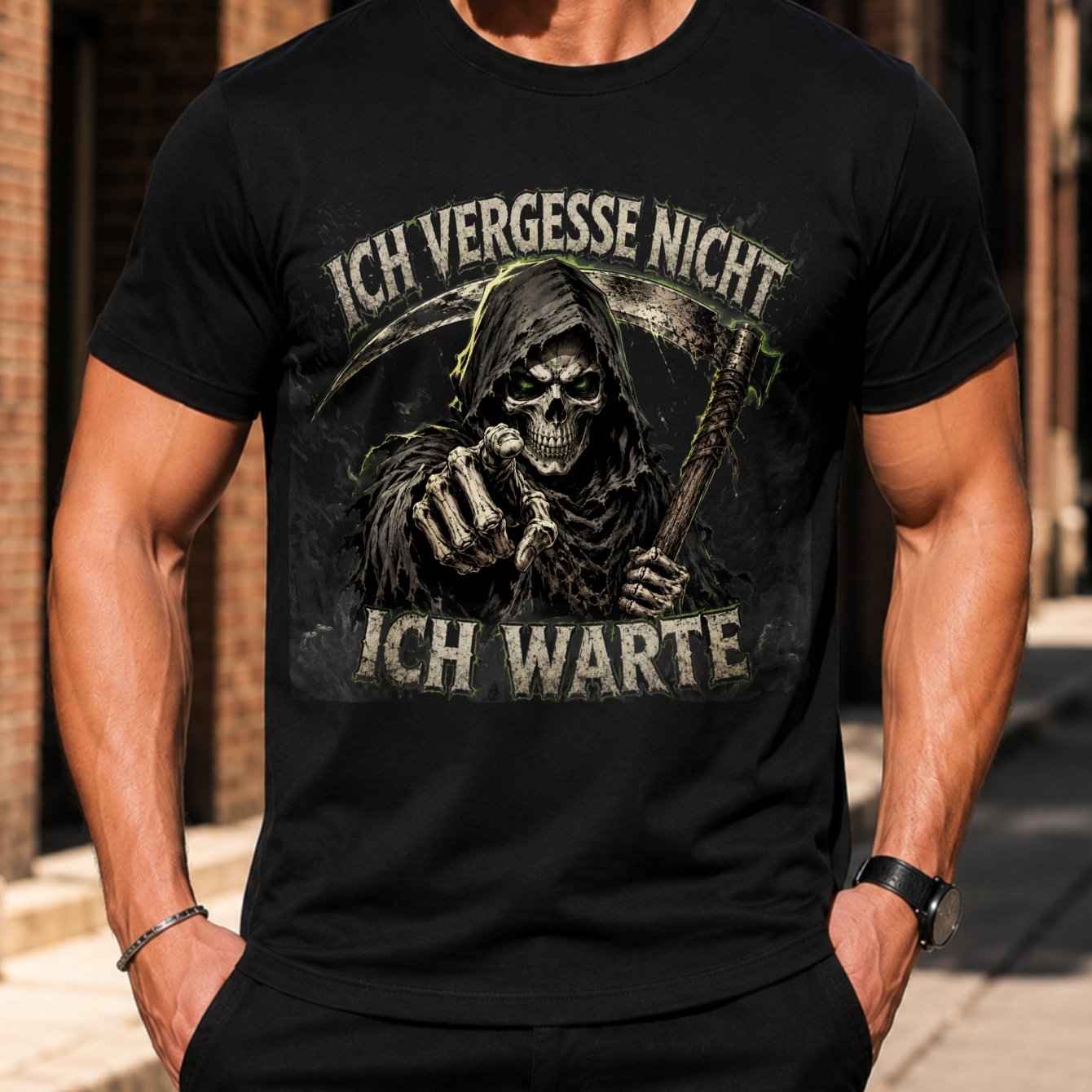 Image of Men's Gothic Reaper T-shirt With "ich Vergesse Nicht Ich " Print - Distressed , Green-accented Casual Round Neck Tee Suitable For Wear, Machine Washable For Themed Events & Everyday Outfits