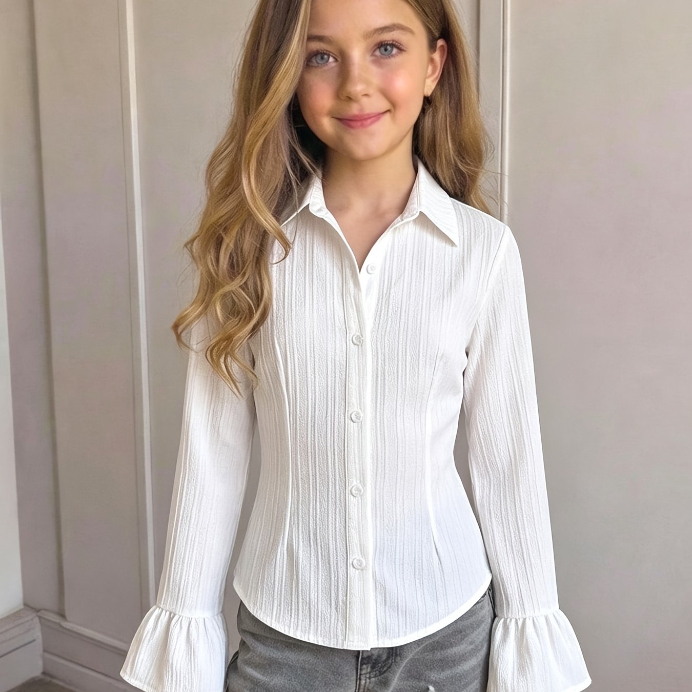 TEMU Girls' Textured Lapel Long Sleeve Shirt, Bell Sleeve Button-front Top, Curved Hem School Opening Casual Blouse