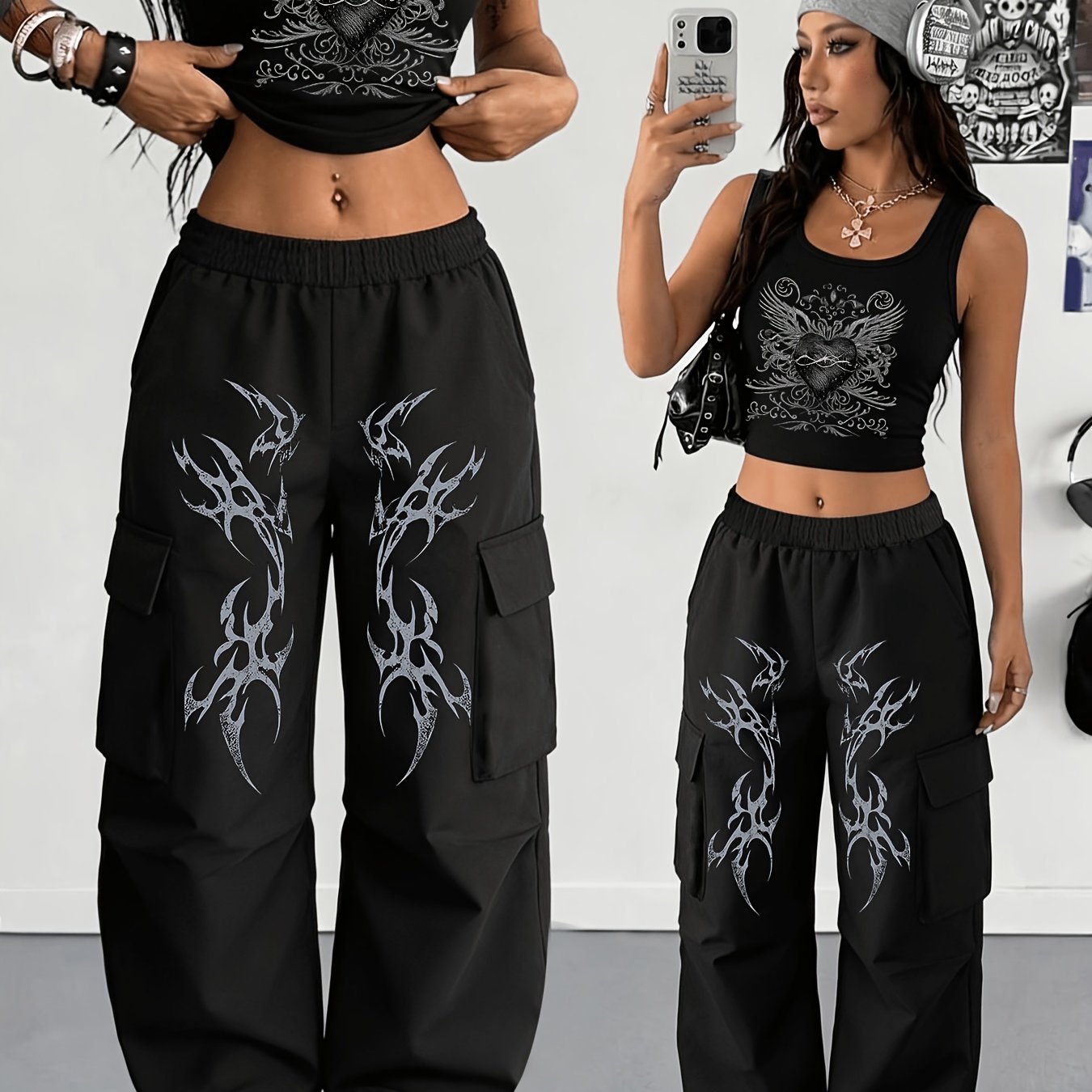 TEMU Women's Gothic 2pcs Set: Heart And Wing Print Crop Tank Top   Dragon Print Cargo Pants, Y2k Street Style, Suitable For Parties And Daily Wear,