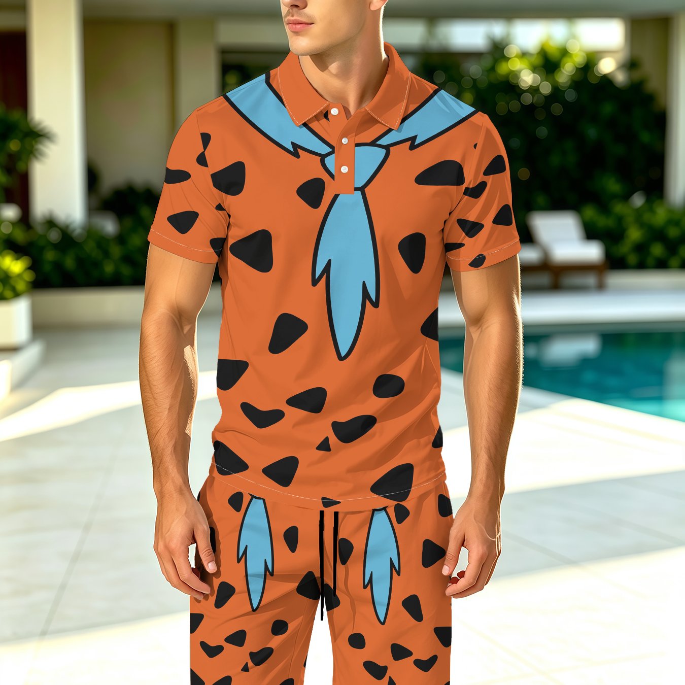 TEMU Men's 2pcs Outfit, Orange Black Irregular Spotted Print Short Sleeve Shirt And Matching Drawstring Shorts Set, Casual Summer Beach Wear