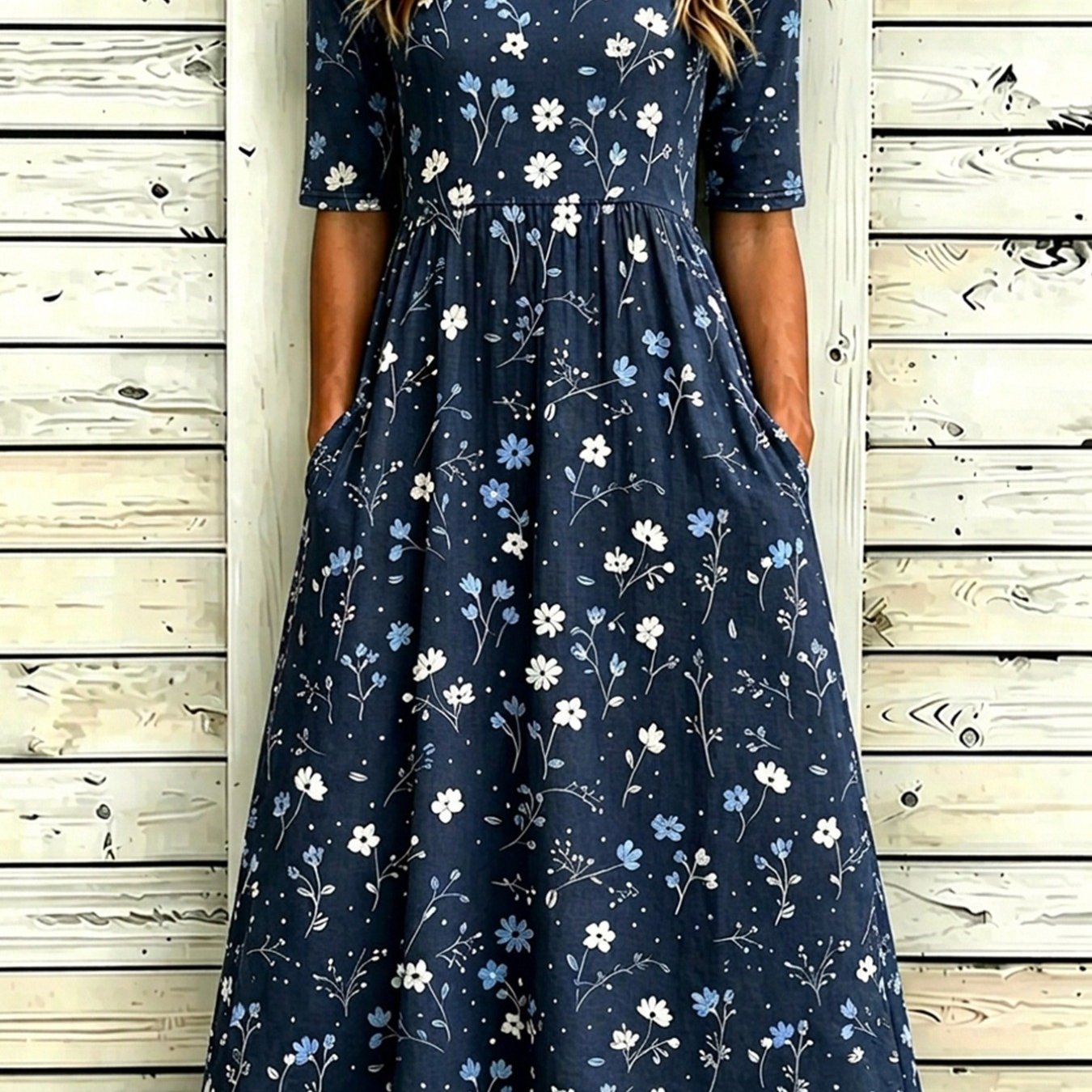Elegant Women's Floral Print Midi Dress With Round Neckline And Pockets