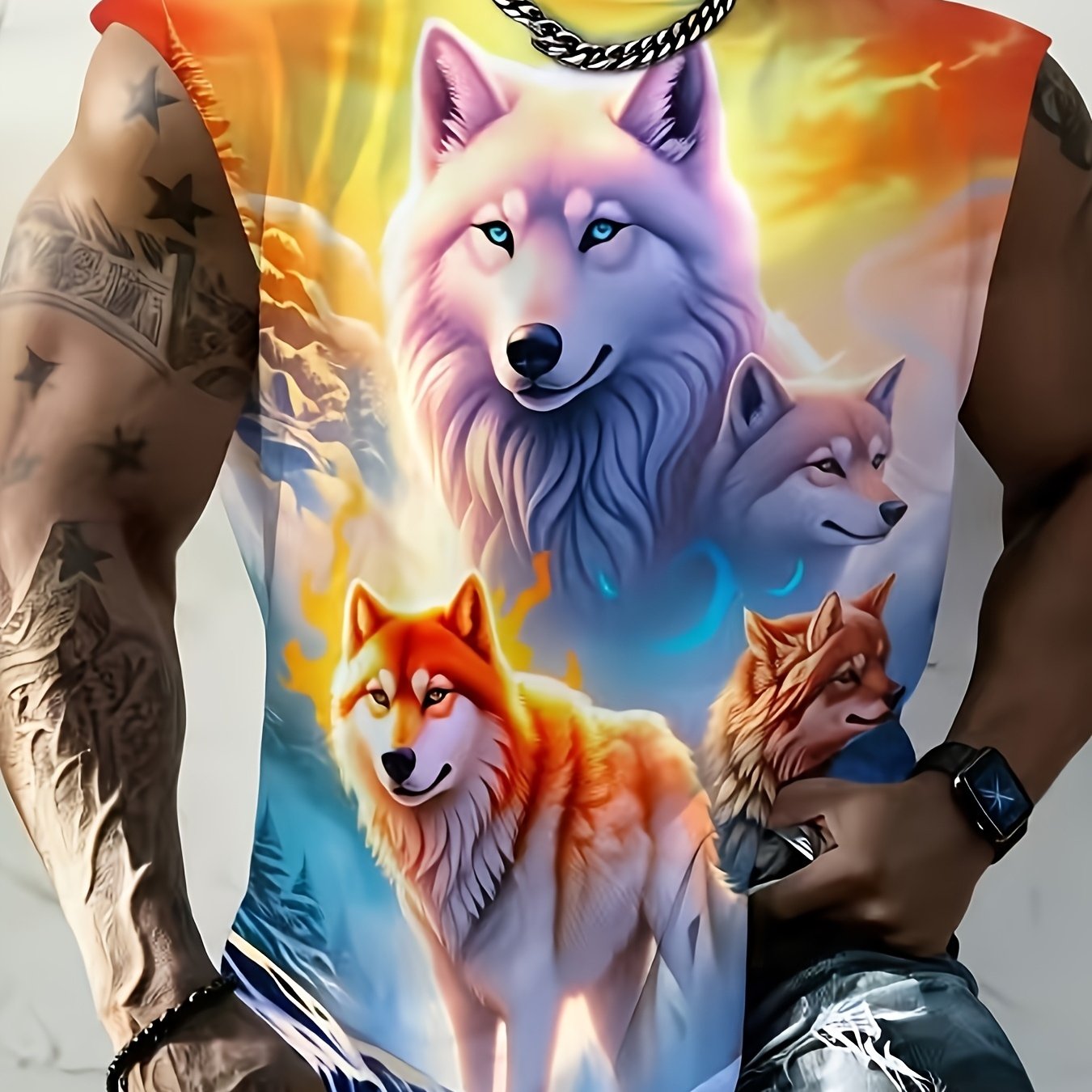 TEMU Printed Design - Not Textured, Wolf Print Sleeveless T-shirt, Men's Graphic Tank Top, Vibrant Colors And Natural Design, Suitable For Outdoor