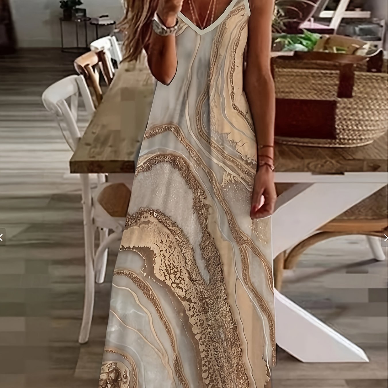 E-shop YS112855 Lässiges Maxikleid für Damen, ärmellos, unregelmäßiger Saum, mehrfarbiger geometrischer Druck, Frühling/Sommer, V-Ausschnitt,