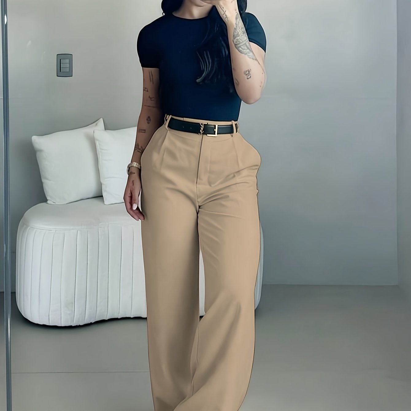 TEMU Elegant Easy Design Flare Pants For Women | Chic Solid Color, Suitable For Commuting, Office, And Casual Attire Not Included (excluding Belt)