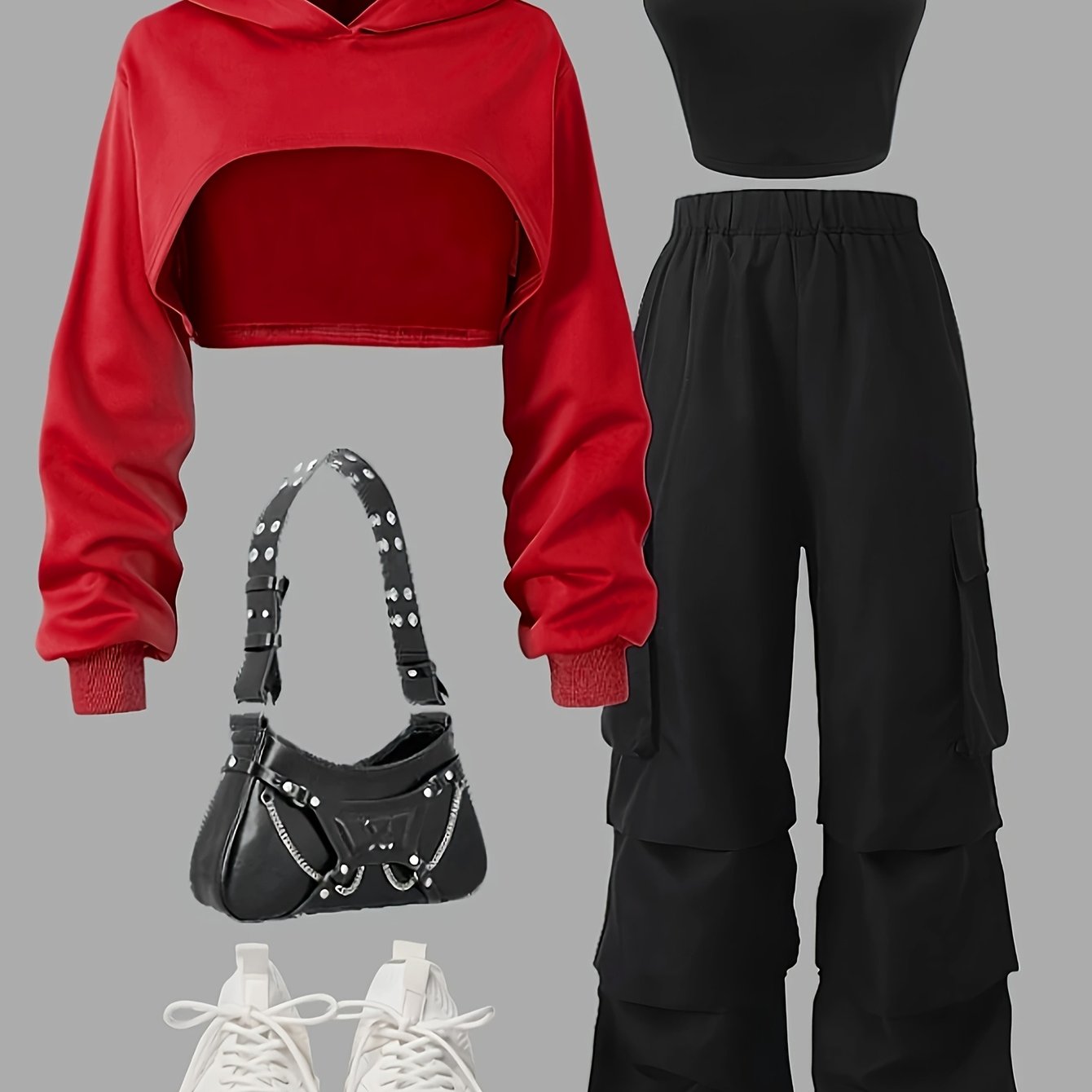 Image of High-rated Girls' Casual Sporty Fashion Set: Red Sweatshirt + Black Camisole + Black Cargo Pants. Street-style Cool Girl Look, And , Hip-hop Inspired, Elegant And . A Must-have For Autumn/winter