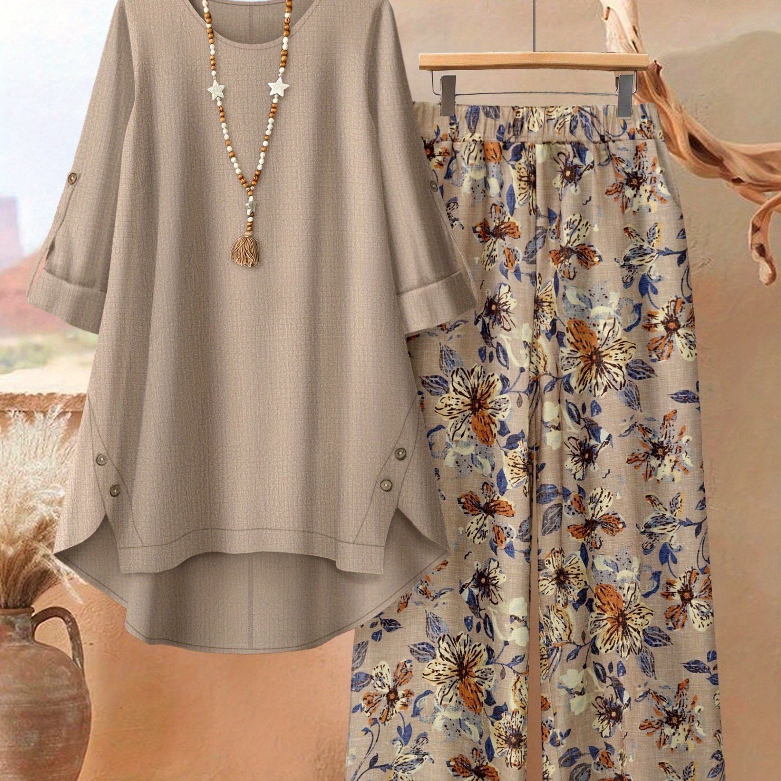 E-shop Plus Size - Plus Size - Ein zweiteiliges Set aus modischen, asymmetrischen Button-Top-Hosen für Damen in Übergröße, kombiniert mit bedruckten