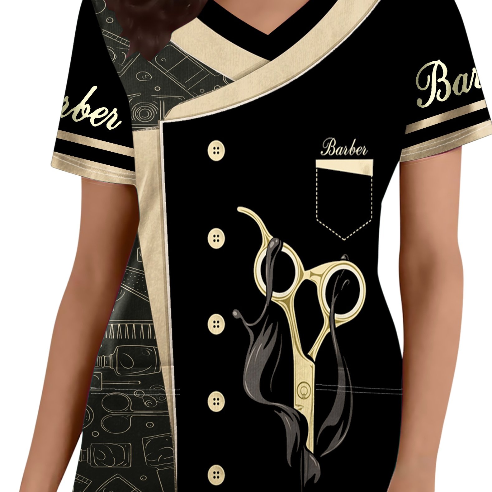 TEMU Women's Fashion V-neck Short Sleeve Uniform, Hair Salon Element Print Top, Breathable Casual Elegant Style, Daily Wear, Cartoon Pattern With