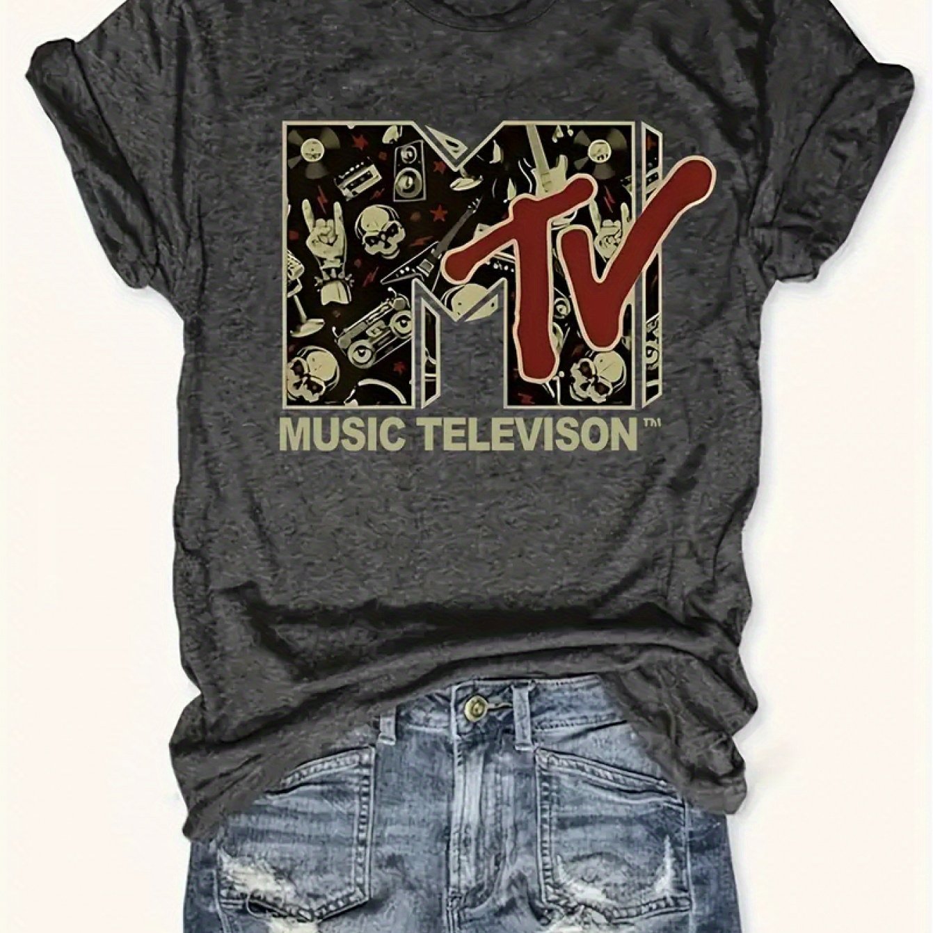 TEMU Women's Plus Size Mtv Skull Print T-shirt - 100%, Casual Crew Neck, Short Sleeve, , Micro-elastic Knit Fabric, Spring/summer/fall, 180g, Casual Wear | Edgy Graphic Tee | Knit Shirt