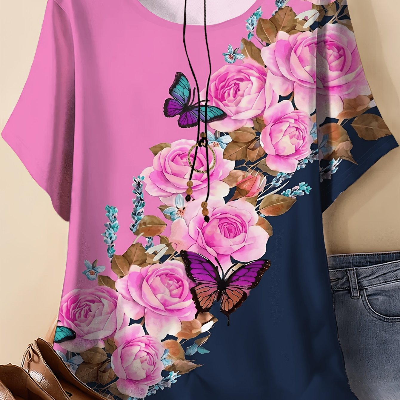 TEMU Plus Size, Plus Size Women's And Floral Print T-shirt, Round Neck Short Sleeve Summer Top, Casual Outdoor Wear, Casual And Elegant Summer Top |