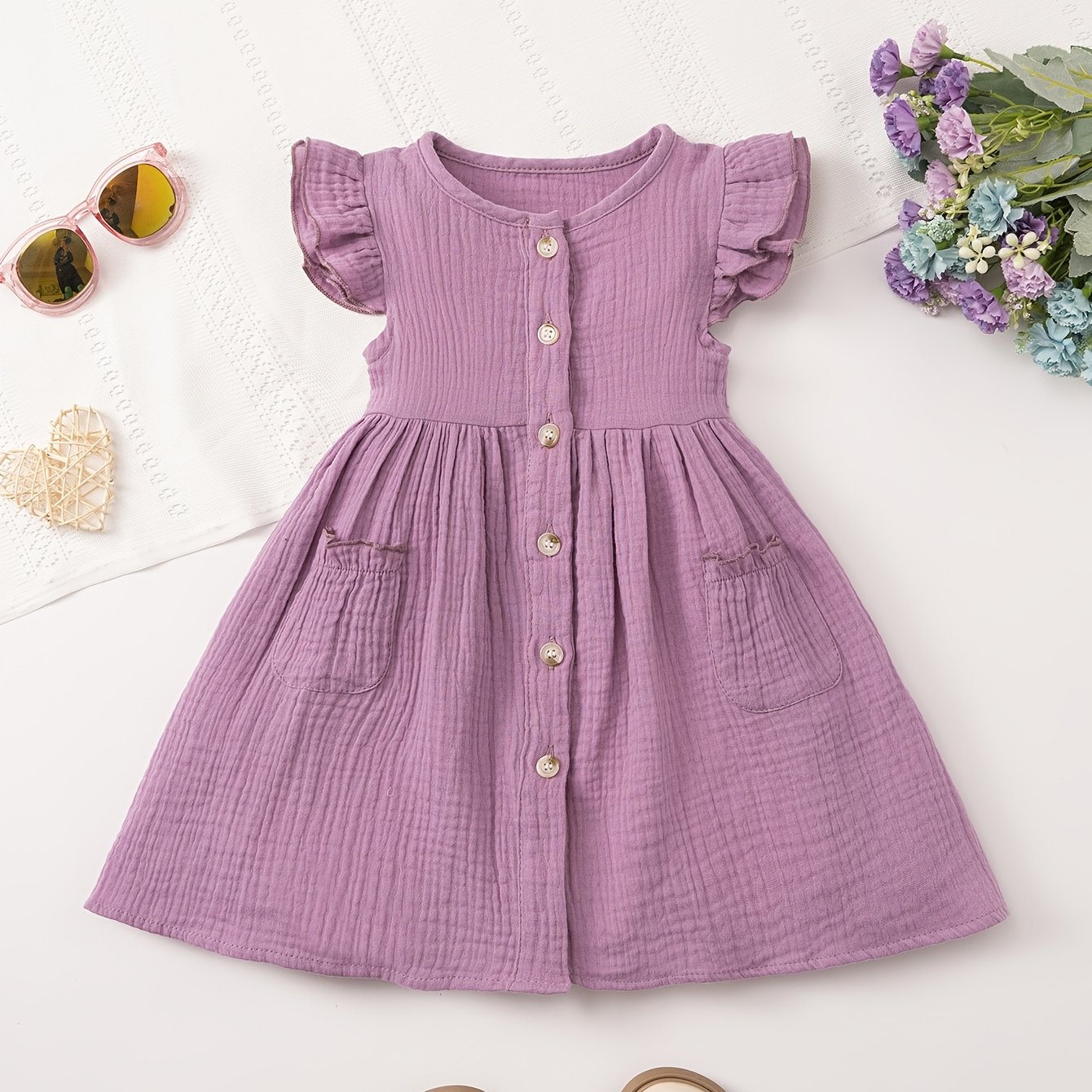 Image of Girl' Color Small Flutter Sleeve Button Dress With Pockets, Cute And Elegant Vintage Dress, Suitable For Summer Wear